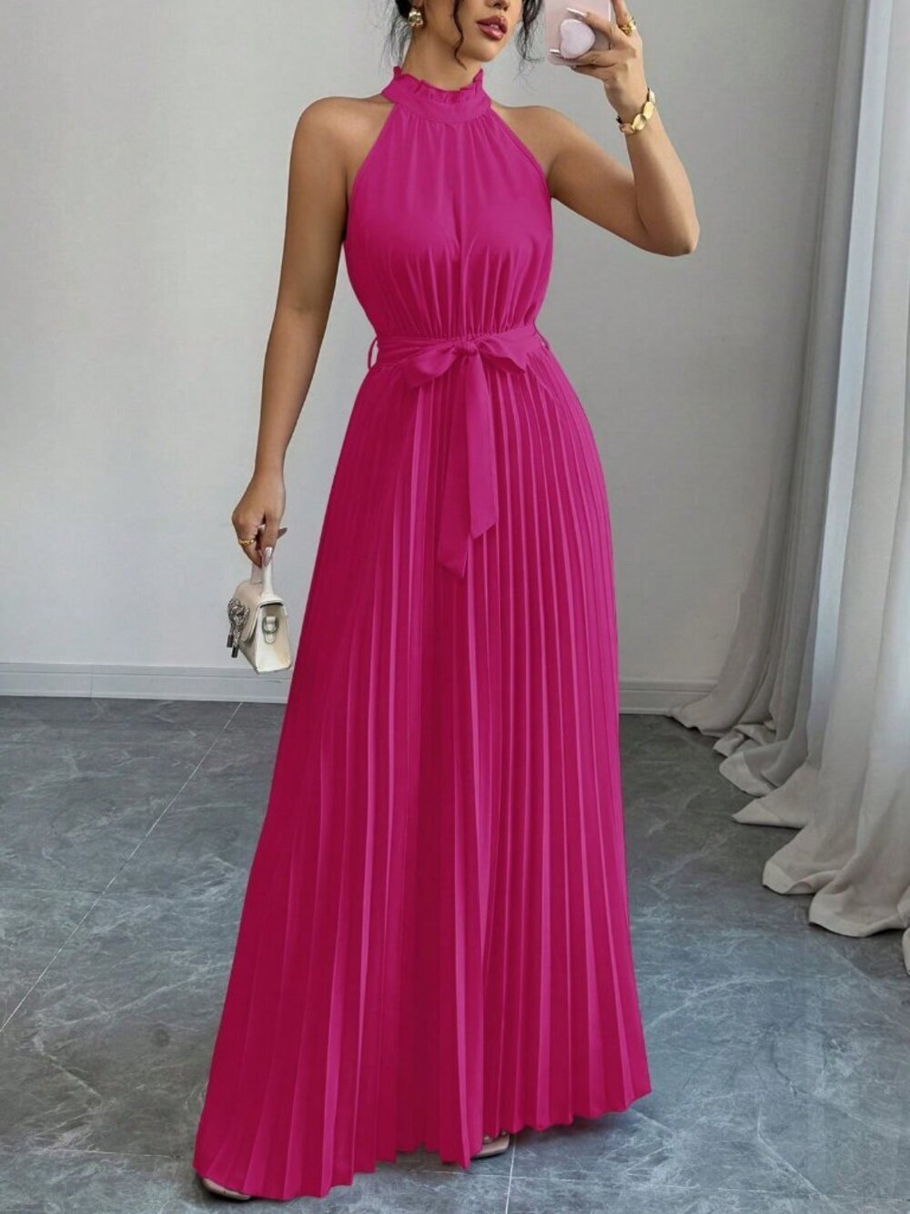 Pink Women's Elegant Romantic Pleated A-Line Dress
